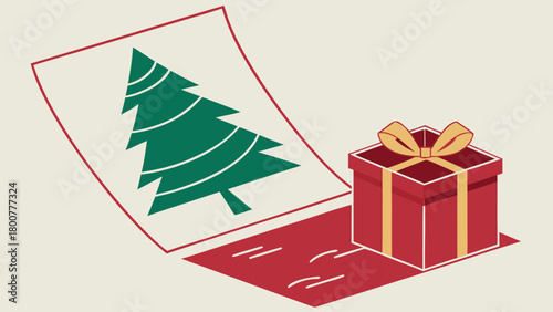 Illustration of a christmas tree card and a gift box with a golden ribbon on a light background