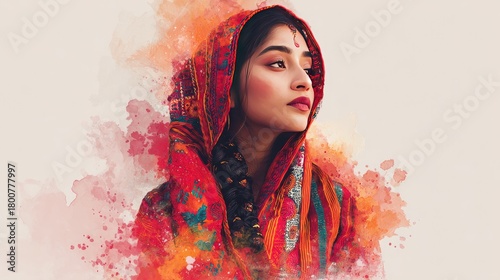Portrait of a Woman in Vibrant Traditional Attire with Artistic Watercolor Effect