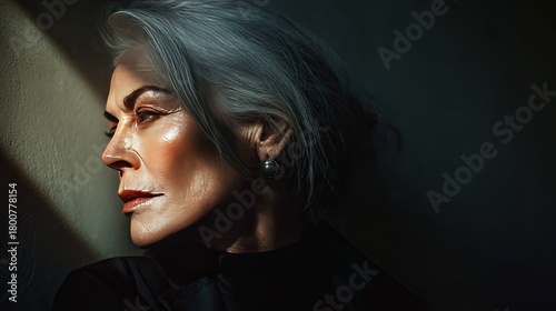Elegant mature woman with silver hair in dramatic lighting
