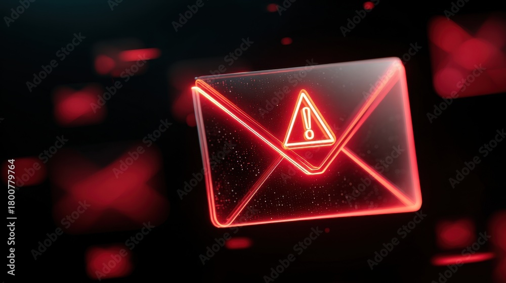 Fototapeta premium Digital Cyber Threat Alert Message Notification Concept Showing Red Envelope Icon with Warning Symbol on Dark Background