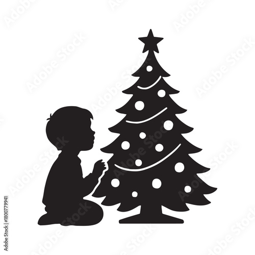 A child's silhouette gazes at a decorated Christmas tree, evoking holiday wonder and festive spirit