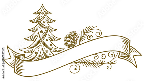 Christmas tree and pine cone on a banner with decorative elements in a vintage style illustration