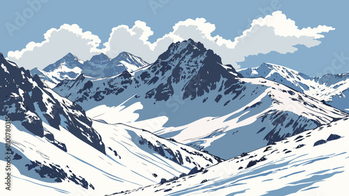 A scenic view of snow covered mountain peaks under a blue sky with scattered white clouds above them all