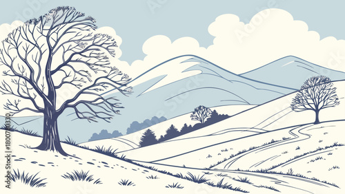 Illustration of a winter landscape with bare trees hills and clouds in a serene color palette
