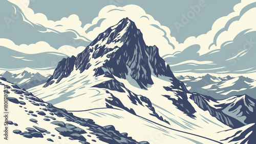 Illustration of a snow covered mountain peak with cloudy skies in a pixel art style image view