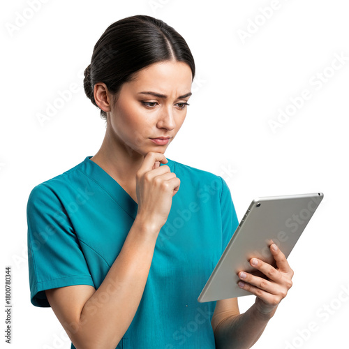 Thoughtful young female doctor or nurse using a digital tablet with a serious expression, isolated transparent background.