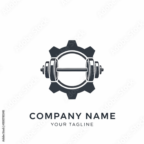 Industrial fitness logo concept with a barbell and gear symbol.