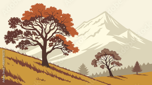A scenic landscape featuring autumn trees on a hillside with a mountain range in the background view
