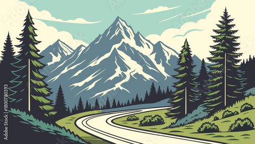 A picturesque mountain landscape with a winding road and tall pine trees under a cloudy sky scenery view