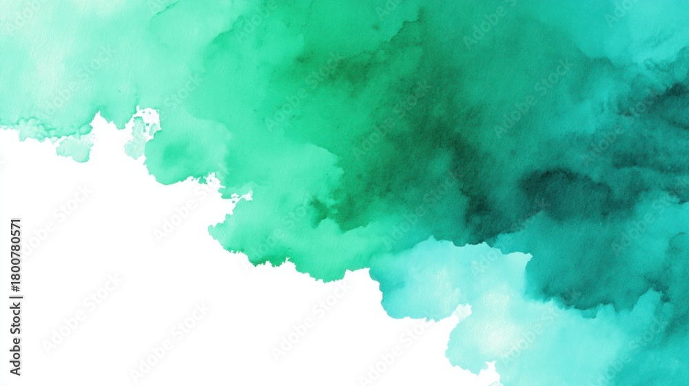 Obraz premium A vibrant green and blue watercolor painting with a white background, featuring abstract shapes and patterns.