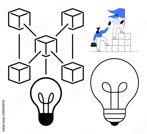 Blockchain structure with interconnected blocks, two professionals collaboratively solving problems, and glowing lightbulbs representing ideas. Ideal for innovation, teamwork, leadership