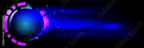 Futuristic blue technology background with glowing circle and abstract digital network, modern neon design concept for innovation, AI, and digital transformation themes.