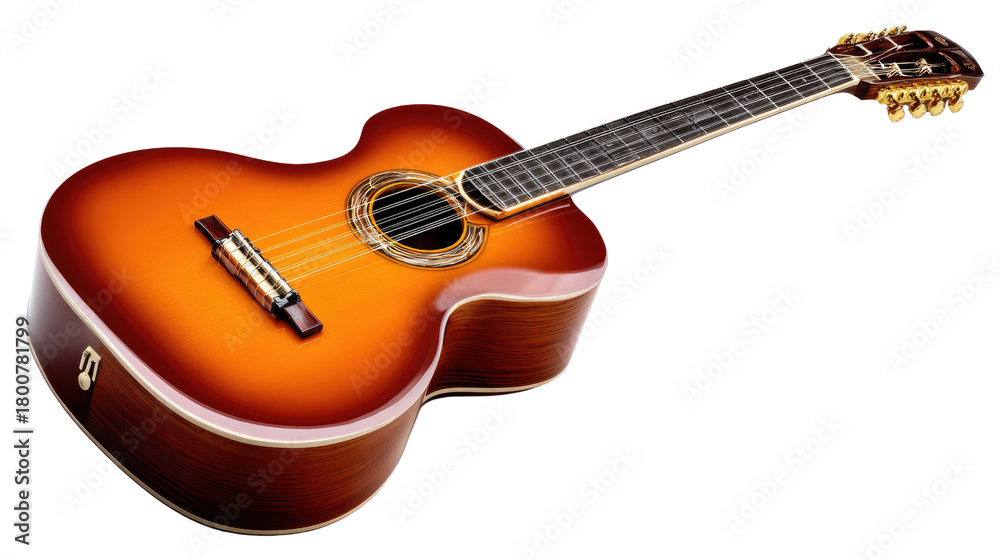 Fototapeta premium Classic Acoustic Guitar: a beautifully crafted acoustic guitar, showcasing its elegant curves, rich wood grain, and intricate details, inviting a symphony of sound.