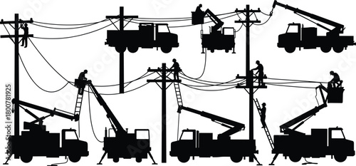 Utility workers silhouette vector, electrical line maintenance illustration, service trucks with bucket lift, power pole repair, infrastructure teamwork, energy distribution system artwork