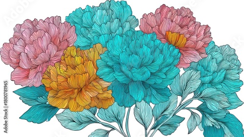 Fototapeta Naklejka Na Ścianę i Meble -  A vibrant bouquet of colorful peonies, featuring pink, blue, and yellow flowers, set against a white background with a subtle gradient effect.