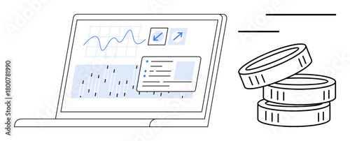Laptop displaying graphs, data charts, and growth arrows next to stacked coins. Ideal for finance, investment, earnings, business growth, data analysis fintech strategy. Simple flat metaphor