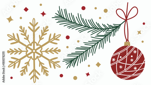 Christmas illustration featuring a snowflake, pine branch, and a red christmas ornament hanging down