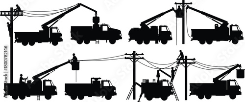 Utility workers silhouette vector, service trucks with boom lift, electrical line maintenance, power pole repair, infrastructure safety, energy industry illustration, construction teamwork