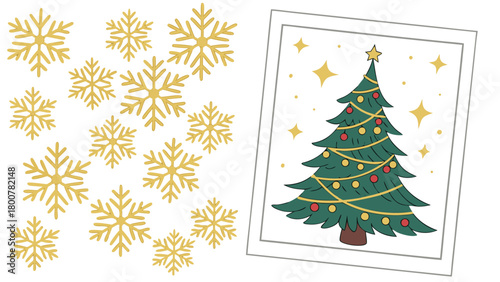Illustration of a christmas tree with ornaments, stars and snowflakes for the holiday season