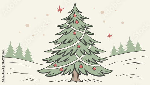 Illustration of a christmas tree decorated with ornaments and garland in a snowy landscape scene