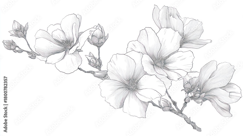 Fototapeta premium A detailed black and white illustration of a magnolia branch with flowers and buds, set against a white background with a soft shadow effect.
