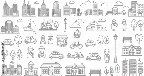 Line art illustration showcasing a variety of city and suburban elements in black and white style
