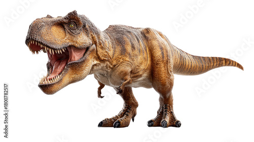 T.Rex in Attack Pose: A detailed close-up of a powerful Tyrannosaurus Rex in a dynamic attack stance, teeth bared in a fierce display of primal power.