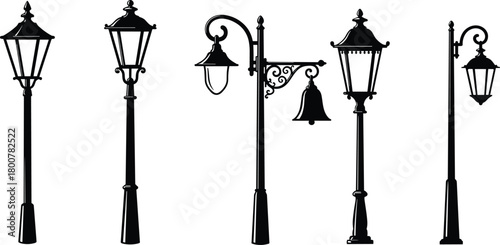 Vintage street lamp silhouettes set, ornate lamp post vector illustration, classical urban lighting artwork