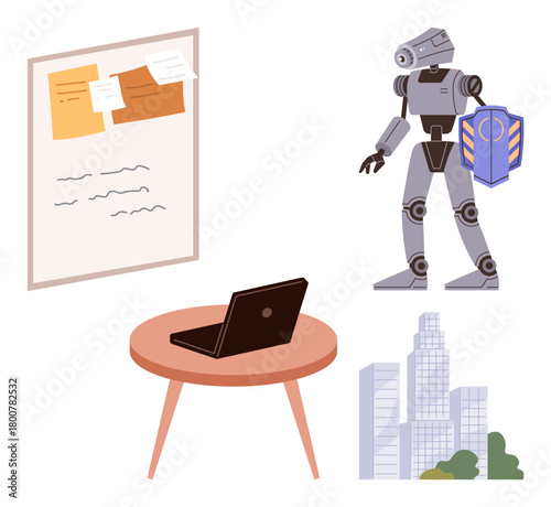 Robot holding shield beside a desk with a laptop, wall board with notes, and city buildings. Ideal for artificial intelligence, robotics, security, innovation, technology, office future development