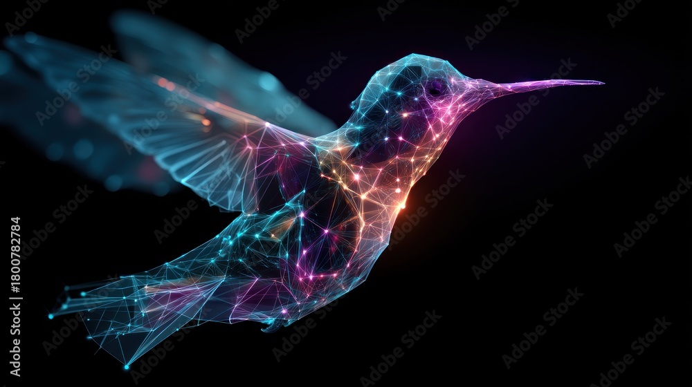 Fototapeta premium A vibrant, abstract digital hummingbird with glowing, geometric patterns against a dark background.