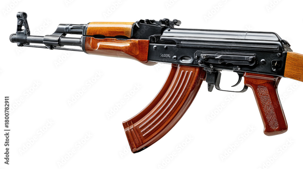 Naklejka premium AK-47 assault rifle: A close-up shot of the AK-47 assault rifle showcases its detailed design. The gun has a wooden handguard, a magazine, and a metal body with a matte finish.