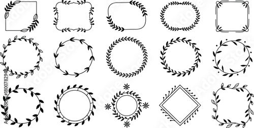 Collection of decorative leaf wreath frames, botanical circular and square borders, hand drawn floral line art elements for elegant graphic design projects