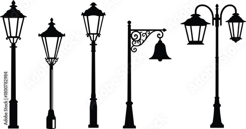 Vintage street lamps silhouette vector set, ornate urban lighting illustration, classical lantern artwork, decorative infrastructure concept, historical city design elements collection