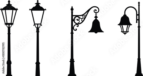 Vintage street lamp silhouettes vector, ornate lantern designs illustration, decorative urban lighting artwork, historical restoration concept, architectural infrastructure, classic city illumination