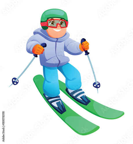 Young boy in a jacket and helmet speeding down a ski slope, enjoying a snowy holiday. Vector cartoon illustration