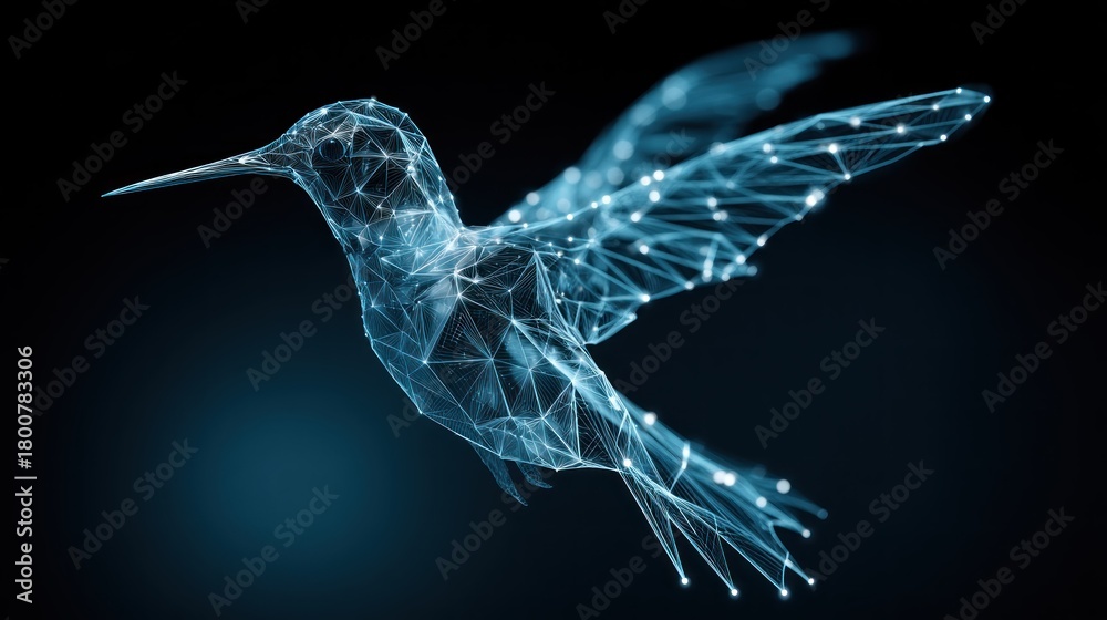Fototapeta premium A blue, wireframe hummingbird with glowing eyes and wings, flying against a dark background.