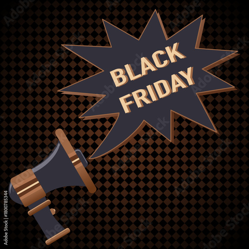 Black Friday - Megaphone on black  brown background. Comic book art styles. Shades of brown. Vector illustration. Creative template design for marketing. Vintage design promotion poster, web banner.
