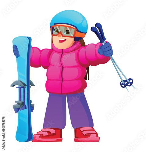 Happy girl holding skis and poles wearing a puffer jacket, helmet, and pants. Vector cartoon character illustration