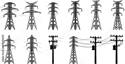 Collection of transmission towers and utility poles, electrical distribution system vector illustration, energy infrastructure artwork, black and white engineering line art design