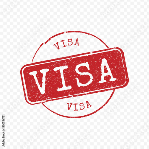 Red circular distressed rubber stamp with bold slanted travel text VISA
