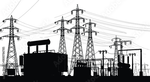 Electrical substation silhouette, transmission towers, high voltage power lines, energy distribution