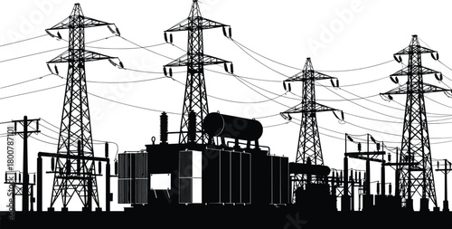 Electrical substation silhouette with transmission towers, high voltage power lines vector illustration,