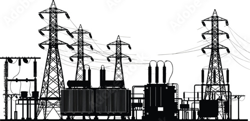 Electrical substation with transmission towers, high voltage power distribution system, transformers and 
