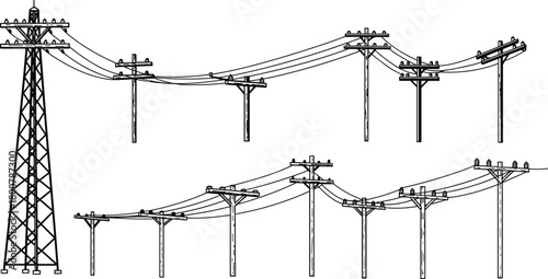 Electrical transmission tower, wooden utility poles with crossarms and insulators, power distribution infrastructure vector illustration, energy supply system artwork, black and white line art design