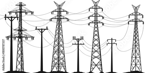 Electrical transmission towers and utility poles, high voltage power lines, energy distribution infrastructure