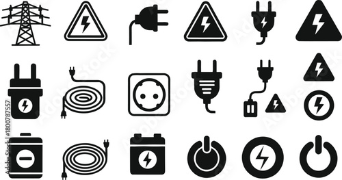Electricity and power icons set, electrical plugs sockets cords, lightning bolt warning signs, batteries and transmission tower, energy safety symbols vector illustration