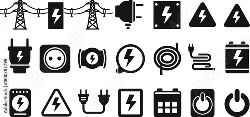 Electricity icons set with power lines, plugs, sockets, batteries, warning lightning signs, black and white vector illustration of energy system symbols artwork