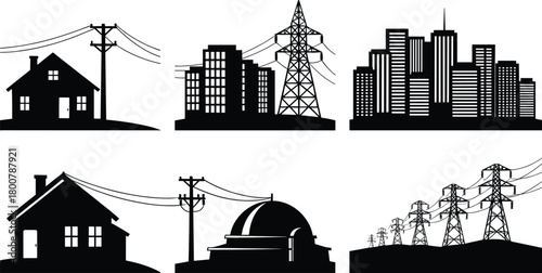 Electrical power distribution system with residential houses, cityscape, transmission towers, and power plant, black and white vector illustration of energy infrastructure grid network design