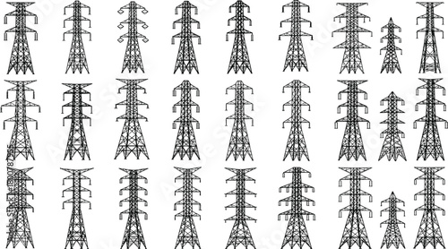 Electrical transmission towers silhouettes, pylons vector illustration, high voltage power lines infrastructur