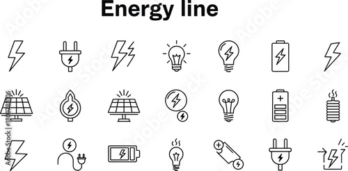 Energy line icons collection, electricity and power symbols, lightning bolts plugs sockets bulbs batteries solar panels, electrical safety and energy generation vector illustration